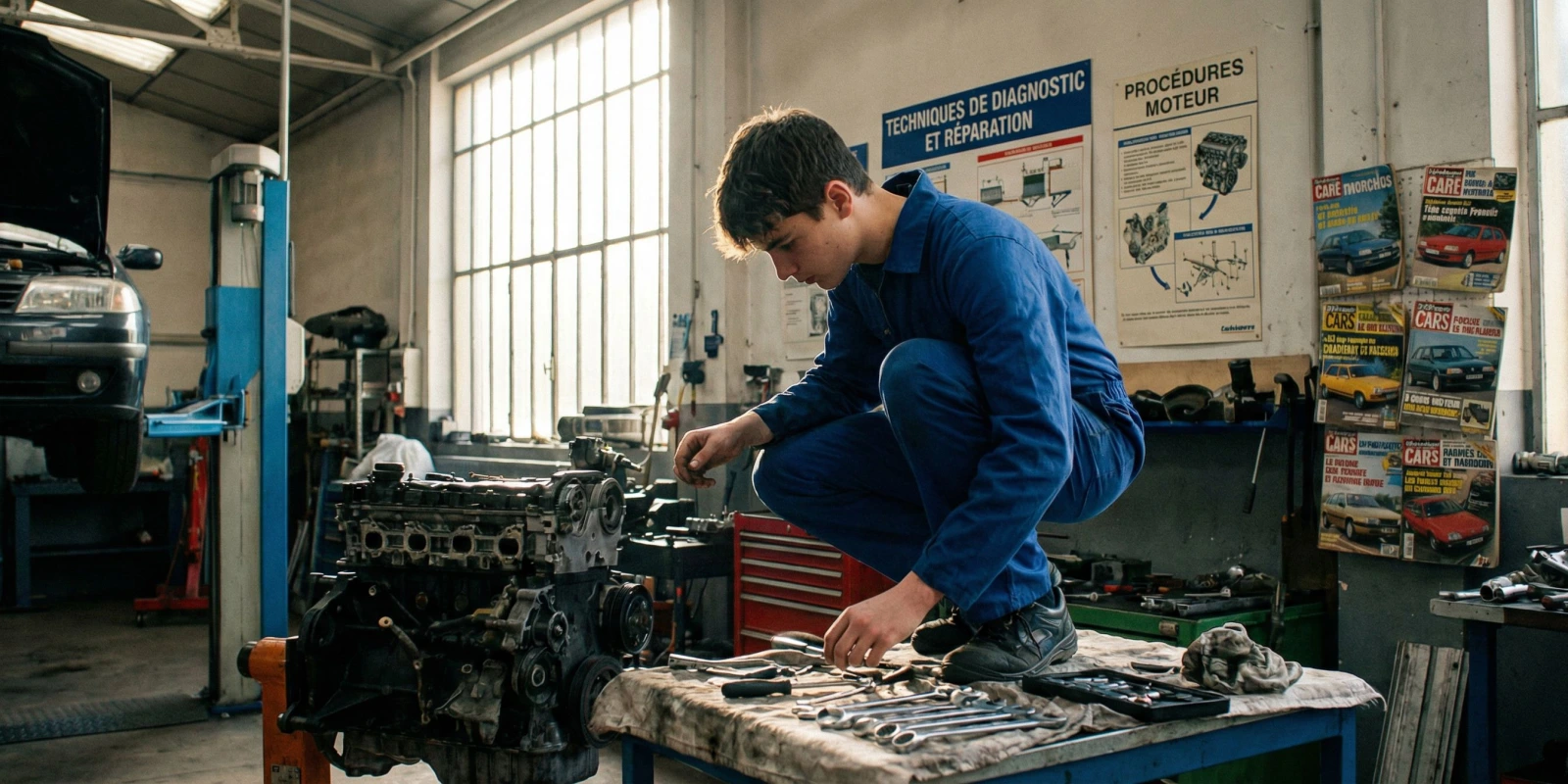 BTS MV : Programme, Matières et Examens 2026 Étudiant en BTS MV travaillant sur un véhicule en atelier de maintenance automobile